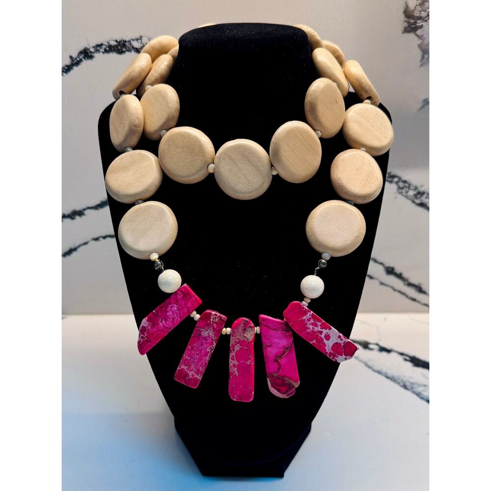 Chunky Wood Bead & Pink Stone Statement Necklace Boho